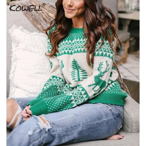 2018 New Autumn Winter Knitted Pullover Christmas Sweater Women Long Sleeve O Neck Geometric Elk Jacquard Women Sweater