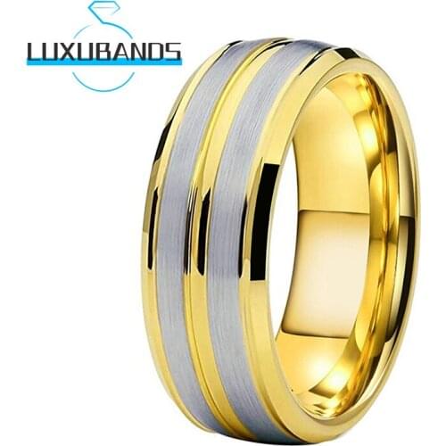 8MM Gold Tungsten Wedding Rings For Men Wemen Beveled Edges Three Grooved Engagement Bands Flat Brushed Finished Comfort Fit