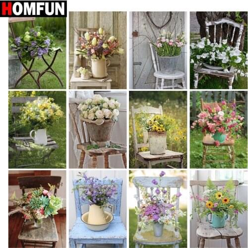 HOMFUN DIY Diamond Painting "Chair flower scenery" Full Drill Square Round Diamond Embroidery 5D Cross Stitch Decoration Home