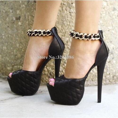 Black Leather Platform Sandals Woman Metal Chains Strap Stiletto Heels Pumps Ladies Large Size High Heels Dress Shoes Dropship