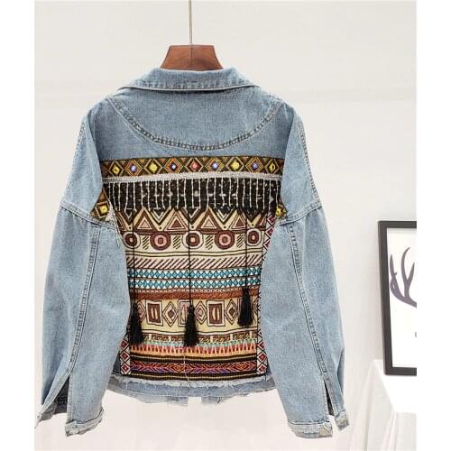 Jeans Jacket Coat Women Tassel Embroidery Flower Denim Coat Oversize Loose Long sleeve Short Bohemia Denim Jacket Female Outwear