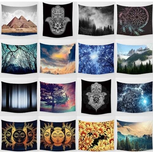 Pyramid mandala green mountain cartoon sun background wall decor feather wall art tapestry rectangle wall hanging tapestry