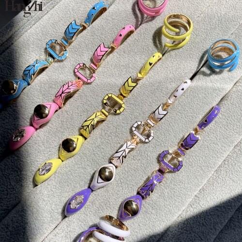 HangZhi 2021 New Hyperbole Colorful Y2K Leaf Arrow Irregular Geometric Enamel Glazed Rhinestones Metal Ring for Women Jewelry