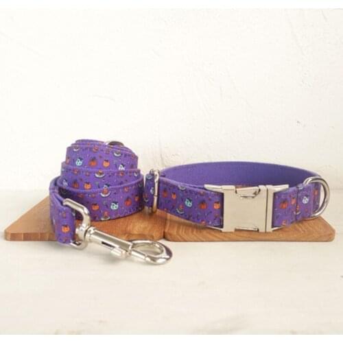 Customized Dog Collar Engraved Puppy ID Tag Leash Collar Set Adjustable Outdoor Fashion Print Pet Collar Leash Helloween Night