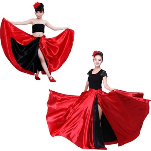 Red Black Satin Solid Spanish Flamenco Skirt Lace Up Female Dance Costumes 360-720 Degree Girls Ballroom Mother Daughter Dress