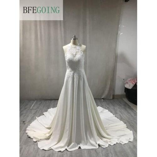 Ivory Lace Satin Chiffon Sleeveless Halter Floor-Length A-Line Wedding Gowns Chapel Train Custom Made Bridal Dresses