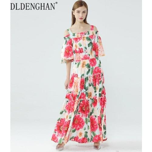 DLDENGHAN Fashion Floral Print Summer Dress Women Spaghetti Strap Elastic Waist Vacation Bohemian Maxi Dresses Designer New