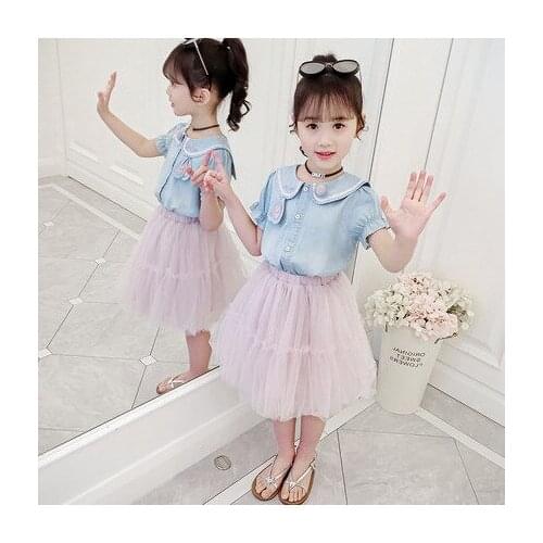 Fashion Baby Girls Clothes Suit Cartoon Cute Rabbit Puff Sleeve T-shirt + Solid Mesh Skirt 2pcs Summer Girls Clothing Set