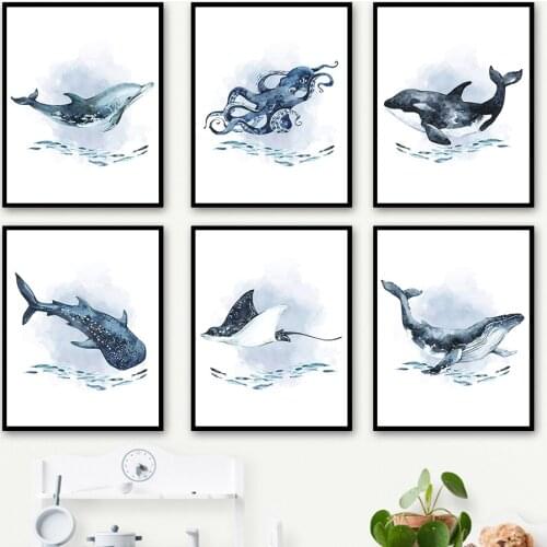 Sea Whale Dolphin Octopus Marine Life Wall Art Canvas Painting Nordic Posters And Prints Cartoons Wall Pictures Kids Room Decor