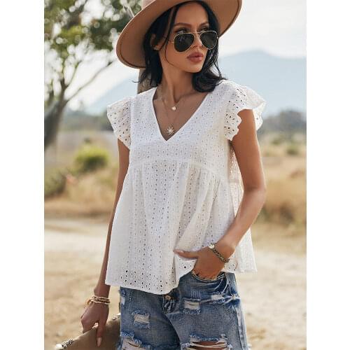2021 New Sweet Hollow Out Top Women Casual Spring Summer Flying Sleeve Blouse Ladies Loose V Neck Pullover Tops