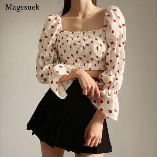 New Off Shoulder Puff Sleeve Shirts Slash Neck Print Strawberry Party Tops Women Vintage Clothes White Black Yellow Blouse 14369