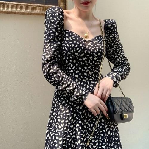 Floral Square Neck Dress WomenS Long Sleeve High Waist Slim Dress Woman Fashionable Retro Over Knee Dresses 2021