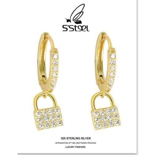 SSTEEL Zircon Drop Earrings 925 Pure Silver Earring Womens Luxury Fashion Lock Earings Boucle Oreille Argent 925 Fine Jewelry