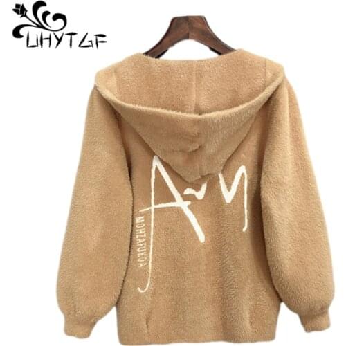 UHYTGF Womens Sweaters Faux Mink Fleece Knitted Autumn Winter Tops Coat Fashion Hooded Cardigan Female Loose Short Jacket 1395