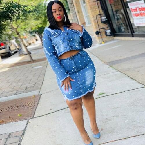 Denim Skirt Set Bead Womens Plus Size Two Piece Sets Long Sleeve Coat and Bag Hips Skirt Casual Outfits Wholesale Dropshipping
