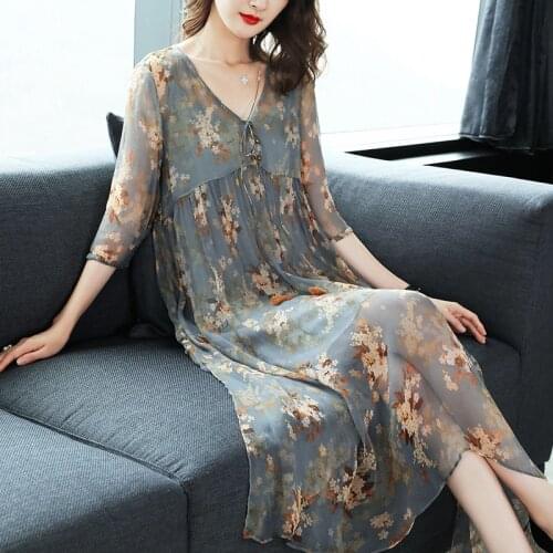 Floral Summer Real Silk Midi Dress for Women Elegant Fashion Dresses 2020 Two-piece Set V Neck Vestidos 9622 Pph402