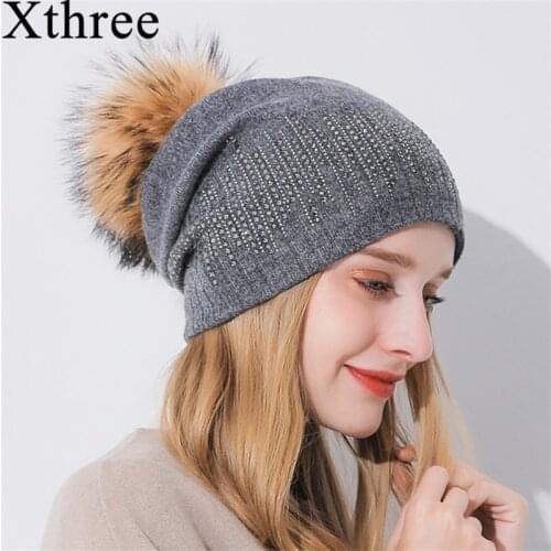 Xthree Winter Womens Hat With Raccoon Pom Pom Beanies Hat Cashmere Knitted Hat Keep Warm Gorro Wool Hat Brand