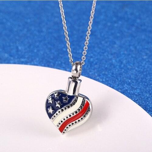 1PC US Flag Heart Urn Necklace Cremation Jewelry Pet Urn Memorial Keepsake Ash Holder Pendant Stainless Steel Jewelry