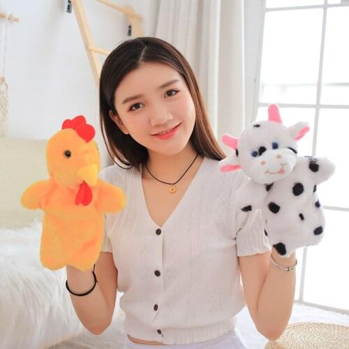 28cm Cartoon Parrot Cow Tiger Panda Lion Leopard Shark Hand Puppet Cute Plush Toys Children Baby Toys Teacher Lecture Props