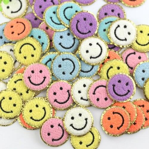 5cm Colorful Smile Chenille Gold Glitter Patches Towel Embroidery Gritt Self Adhesive Sticker Bag Phone Notebook DIY Accessory