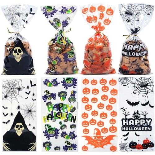 50pcs Clear Cellophane Packing Bag Halloween Party Decor Trick or Treat Bags Bat Witch Spider Printed Plastic Candy Gift Bags