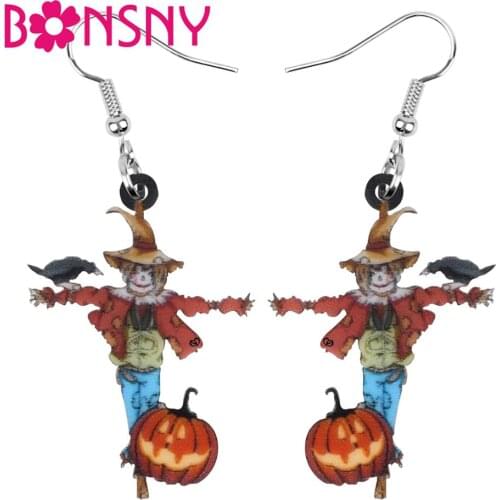 Bonsny Acrylic Halloween Anime Scarecrow Pumpkin Crow Earrings Drop Dangle Jewelry Women Girls Teen Party Costume Gift Accessory
