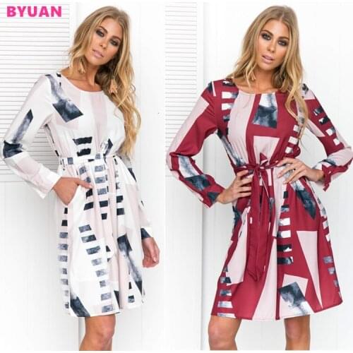 BYUAN Long Sleeve Women Dress Autumn 2018 New Arrival Casual Women Dresses Lace-up Patchwork Print Dress Mujer Women Clothes