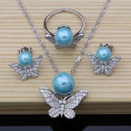 Blue Pearl 925 Sterling Silver Bridal Butterfly Jewelry Sets For Women Needle Earrings Ring Animal Exquisite CZ Necklace Set