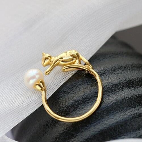 Classic Hot Sale 925 Sterling Silver Little Cat Rings Inlaid Natural Pearl 18K Gold Plated Fashion Women Open Adjustable Ring