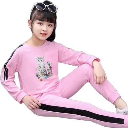 Teens Girls Clothing suit Autumn Children Cartoon Cat T Shirts + Pants Suits Kids Fashion Casual Sportswear Quality Clothing