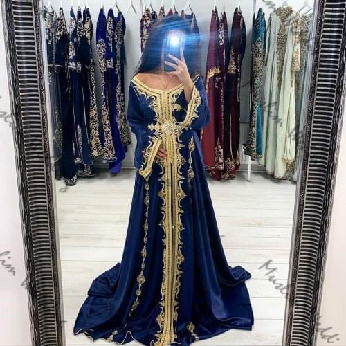 Beautiful Kaftan Morrocan Evening Dresses Dark Blue Muslim Prom Dress With Gold Appliques Long Sleeve Taffeta Long Formal Gowns