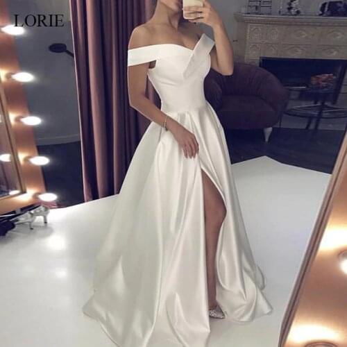 LORIE Wedding Dresses Satin 2020 Off the Shoulder Bridal Gown High Split Back Lacing vestido de noiva custom made plus size