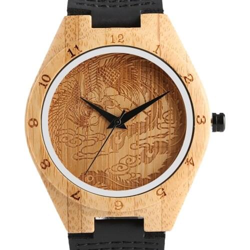 Fashion Chinses Style Natural Bamboo Wood Quartz Wristwatch Genuine Leather Mens Sports Clock Male Gift Item 2020