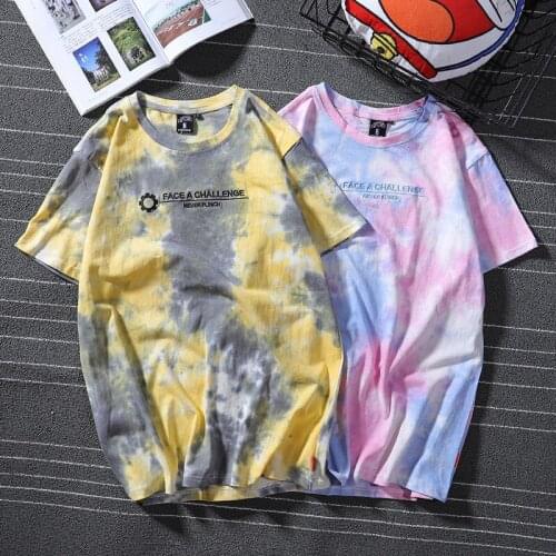 2021 Summer New Mens Vintage Short Sleeve T Shirts Fashion Harajuku Letter Embroidery O Collared Tie Dye Couple Graphic Tshirts