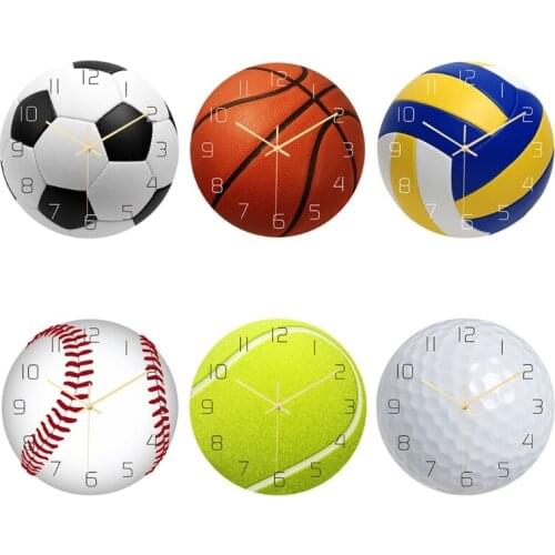 Sports Balls Wall Clock Football/Basketball/Volleyball/Baseball/Tennis/Golf Ball Clocks Mute Movement Silent Decor