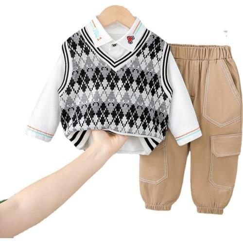 2021 Autumn Winter Casual Baby Boys Clothing Long-sleeve Shirt Sweater Vest Trousers 3Pcs Kids Suit Baby Clothes 0-5 Years