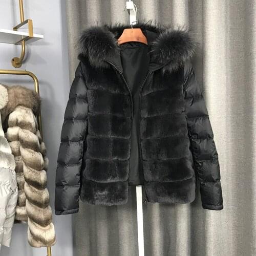 Down Coat Winter Jacket Women Real Rex Rabbit Fur Outwear Fashion Casual Overcoat Natural Racoon Fur Collar