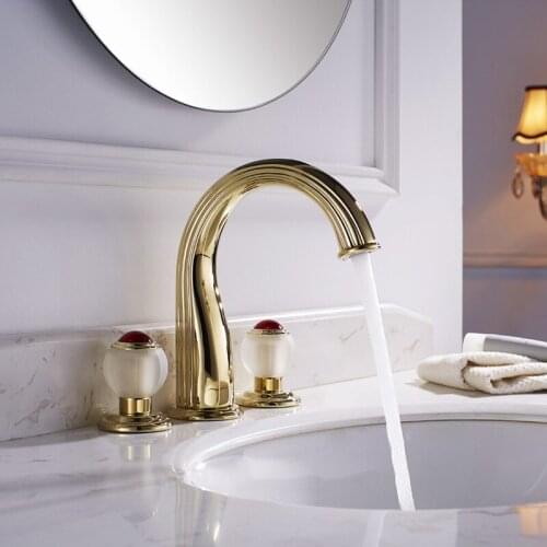 Bathroom Basin Faucets Solid Brass Sink Mixer Tap Widespread Hot & Cold Deck Mounted with crystal Dual Handle Three-hole Faucet
