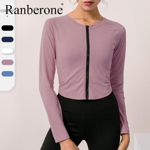 Ranberone Sports Top Woman Zipper Long Sleeve Female T-shirt Sports Running Training Workout Clothes Quick-drying Stretch Tight