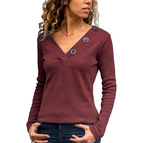 Tops woman tshirts Solid Color V Neck Long Sleeve Buttons Slim tshirts Pullover Bottoming Top t shirt women ropa de mujer 2020