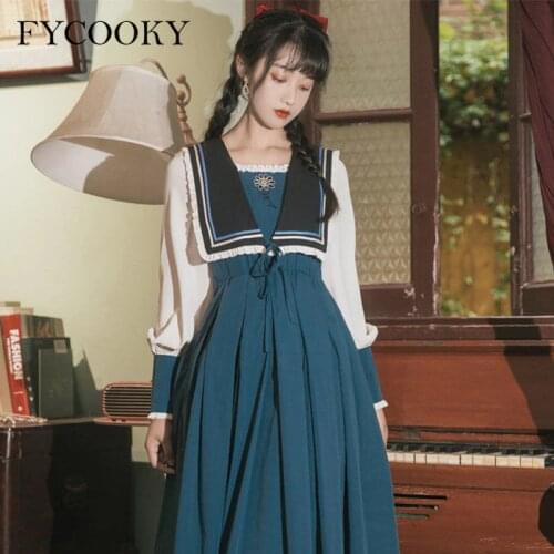 Japanese Sweet Dress Women French Retro Navy Collar Pleated Dress Female Elegant Long Sleeve Dress Autumn 2021 New