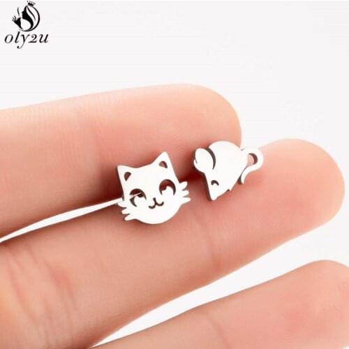 Oly2u Tiny Cat Mouse Stud Earrings for Women Stainless Steel Tom Jack Jewelry Cartoon Animal Earrings Children brincos