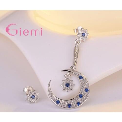 Original 925 Sterling Silver Moon And Star Elegant Earring Women Girl Shiny Blue Bead Crystal Brincos Silver Jewelry
