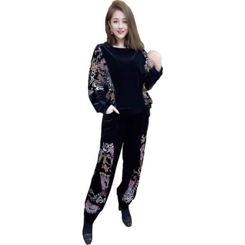 Plus Size Tracksuit Women Suit Spring Fashion Gold Velvet Print Loose Clothes Casual Pants Two Piece Set Ladies Tide 4XL H1301