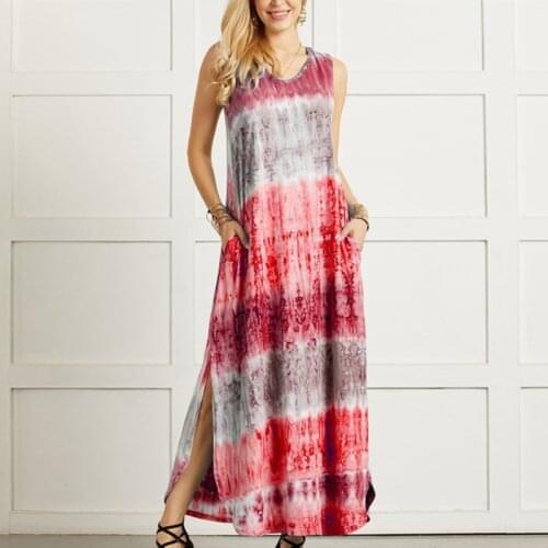 Women Tie Dye Print Long Dress Casual Sleeveless Beach Dress Double Wear Bohemia Loose Long Split Dresses