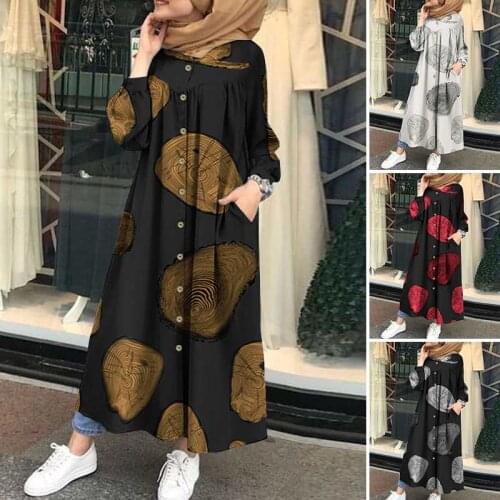 Ramadan Muslim Printed Maxi Dress Women Abaya Islamic Clothing Casual Long Sleeve Shirt Vestidos Female Button Robe Plus Size