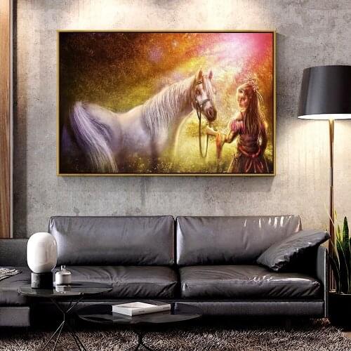 Artcozy Oil Canvas Painting cartoon horse with girl For Home Decoration Wall Art