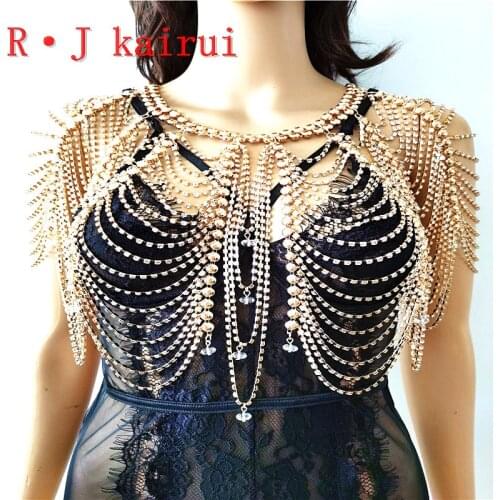 New RJRH21 Fashion Women Handmade Rhinestone Bra Shoulder Chains Jewelry Bling Crystal Beads Top Costume Jewelry 2 Colors