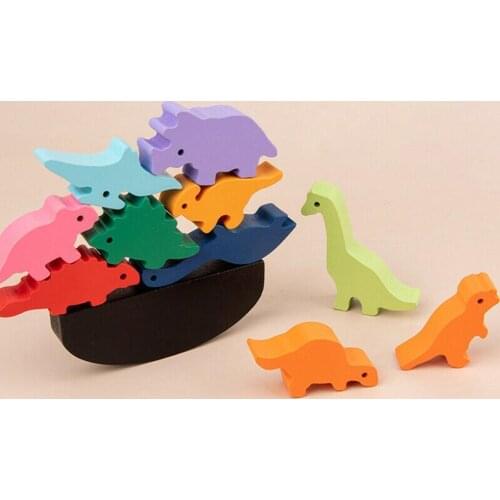 Children Montessori Wooden Animal Balance Blocks Board Games Educational Wood Building High Dinosaur Toy Block Boys Toy Sta L8L7