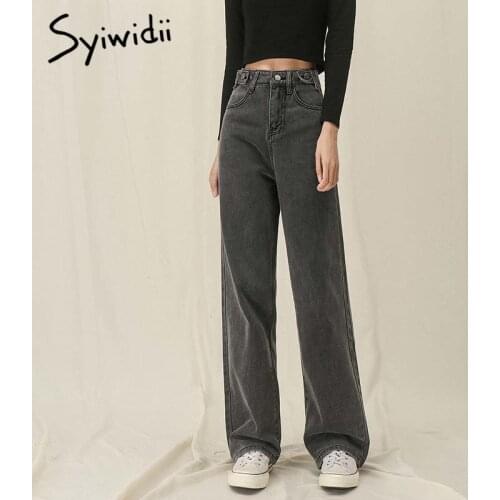 Syiwidii High Waisted Jeans For Women Denim Joggers Pants Mom Trousers Lace Up Button Full Length Straight 2021 Fashion Gray